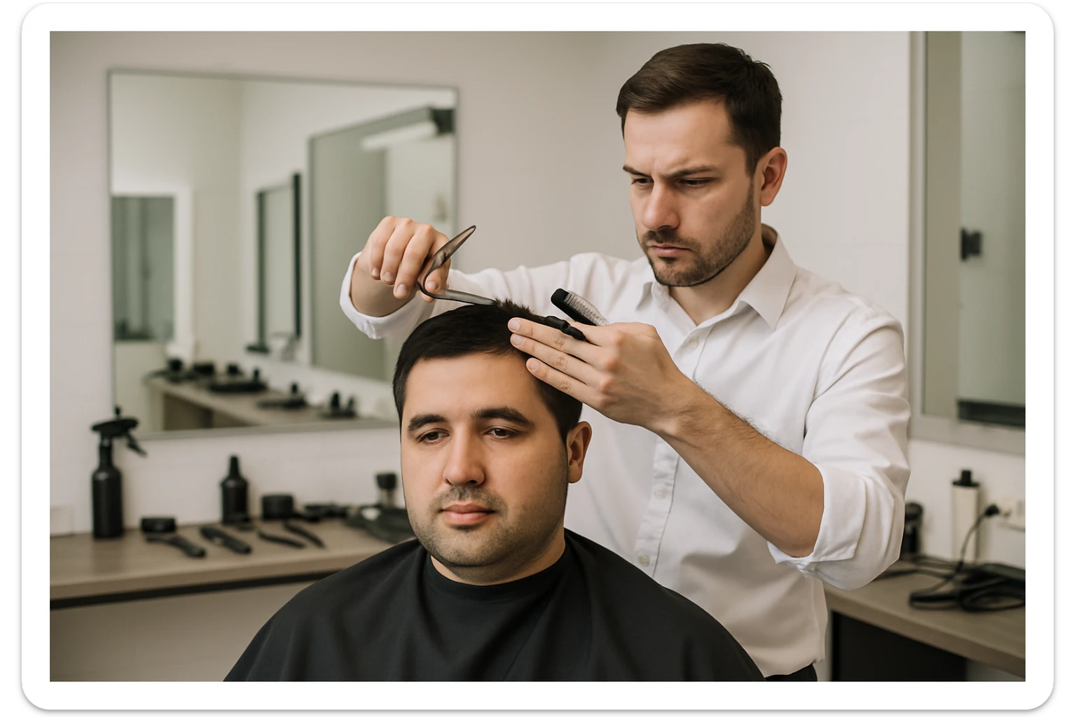 sartaroshxonada mijozlarni sochini olayotganin  tasvirlab ber juda yosh ham katta ham bo'lmasin semiz ham bo'lib ketmasin o'smirin davrini yuzi ko'rinmasin sticker