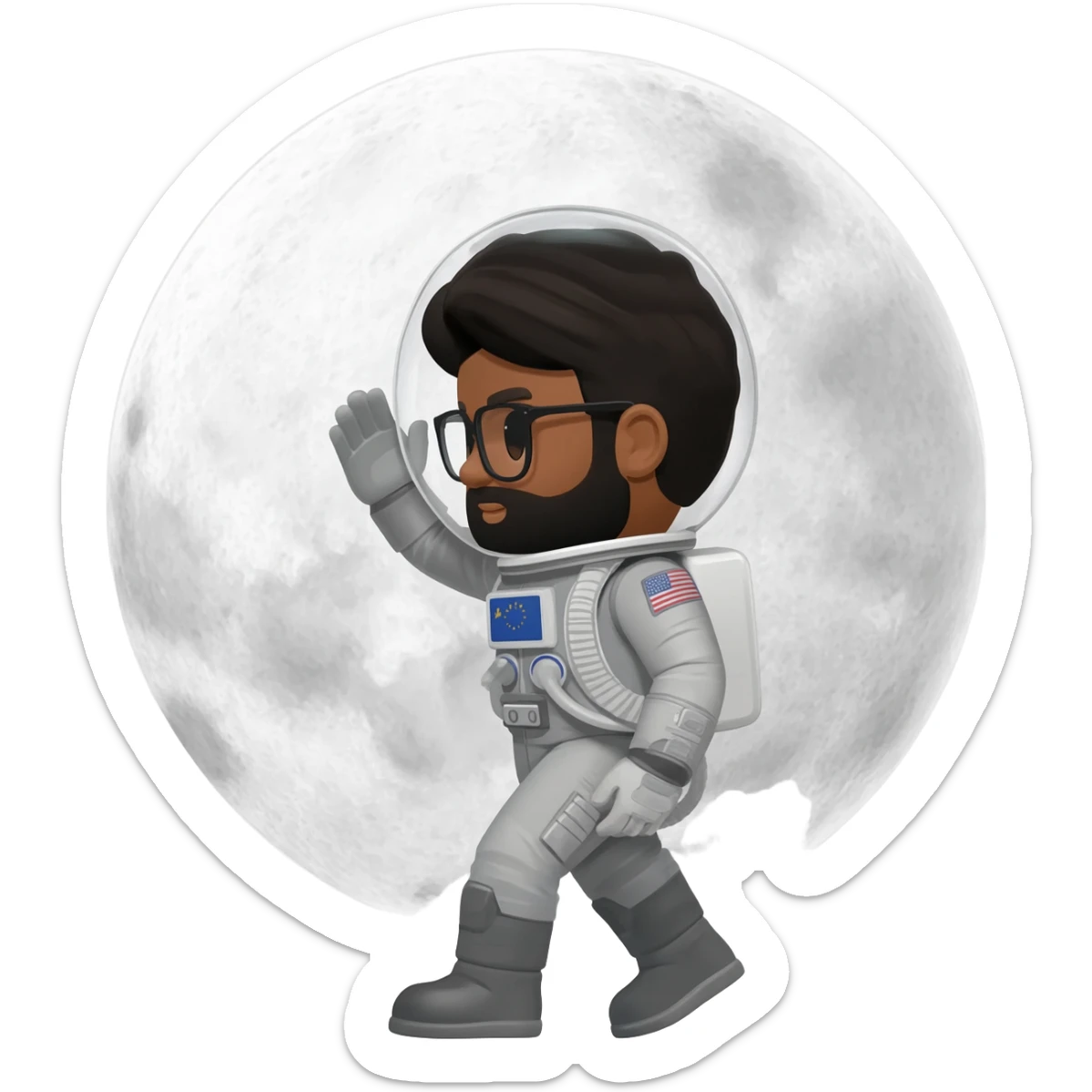 astronaut salute moon on back with helmet walking space brown skin, black eyes, glasses and beard  black hair show body sticker