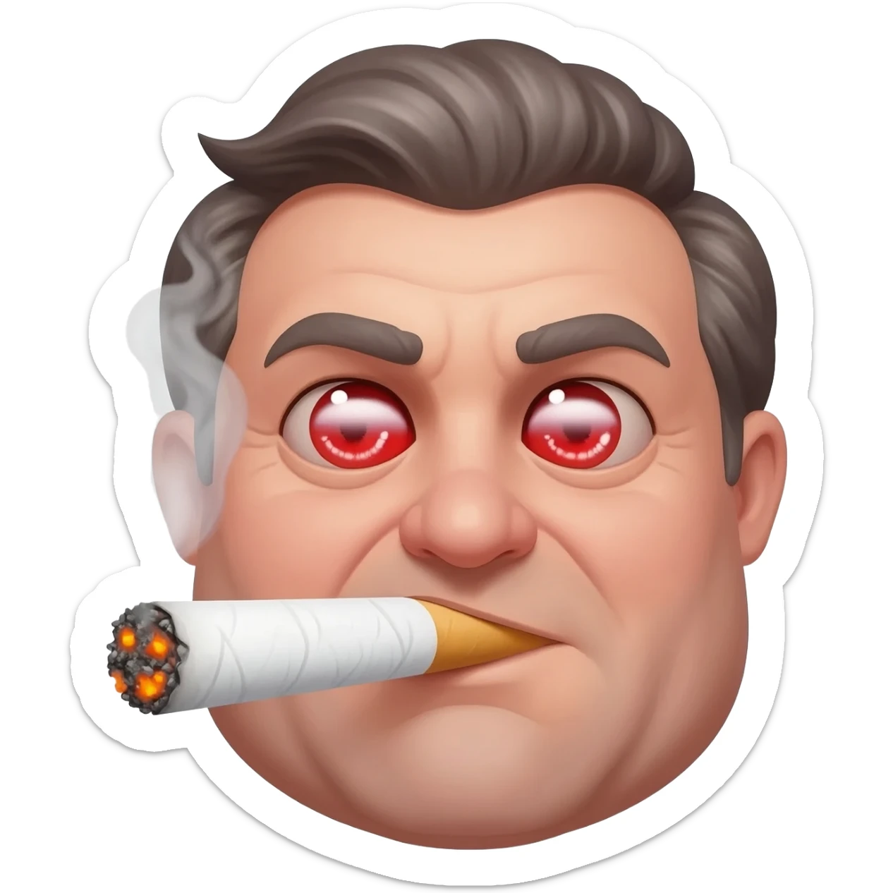 Chubby goofy looking middle aged  white guy with dark brown, but graying hair and bloodshot eyes, Smoking A SUPER HUGE  all white joint without filter with orange and ash with hot ash and smoke rising off of it sticker