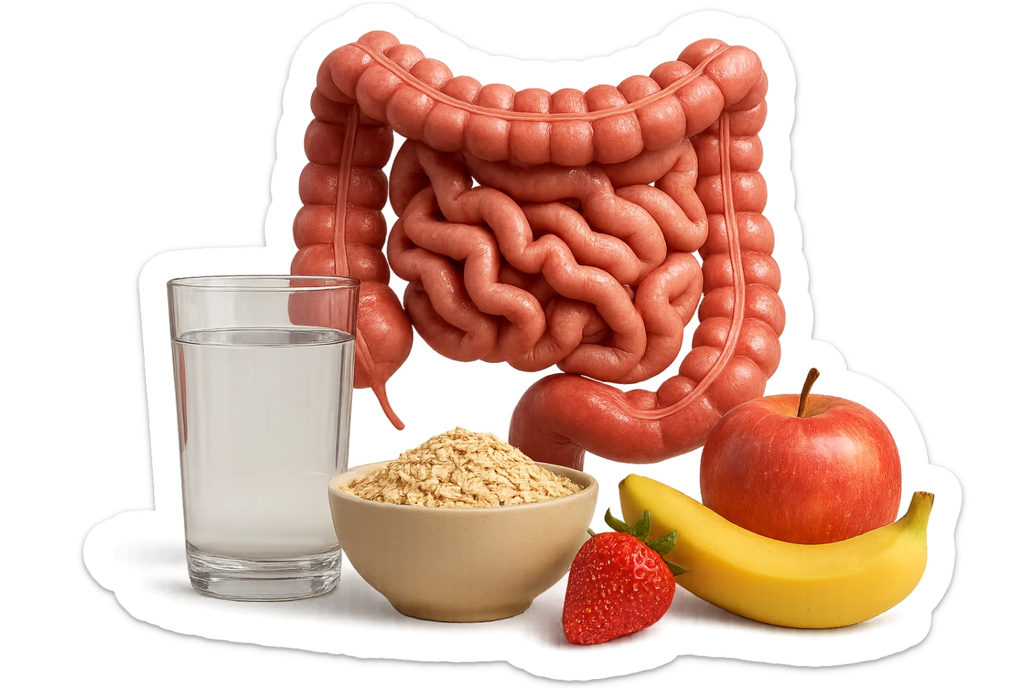 intestino umano anatomico sullo sfondo, davanti a lui un bicchiere di acqua, una bowl di avena e un po' di frutta mista, iperrealistici 4k sticker