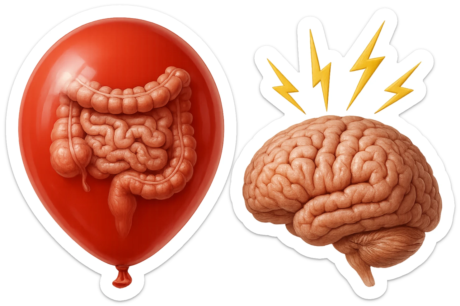 intestino umano anatomico chiuso in un palloncino rosso che simboleggia gonfiore, accanto un cervello anatomico con fulmini vicino che simboleggiano "stress", iperrealistico 4k sticker