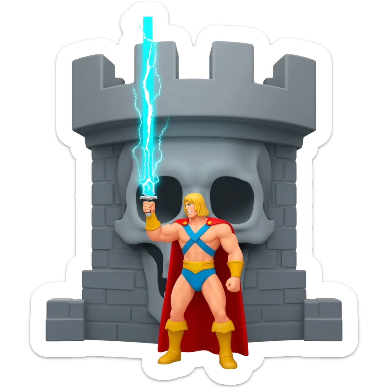 He-man in red cape holding up sword with power color shooting from sword towards sky in front of a skull shaped gray castle sticker