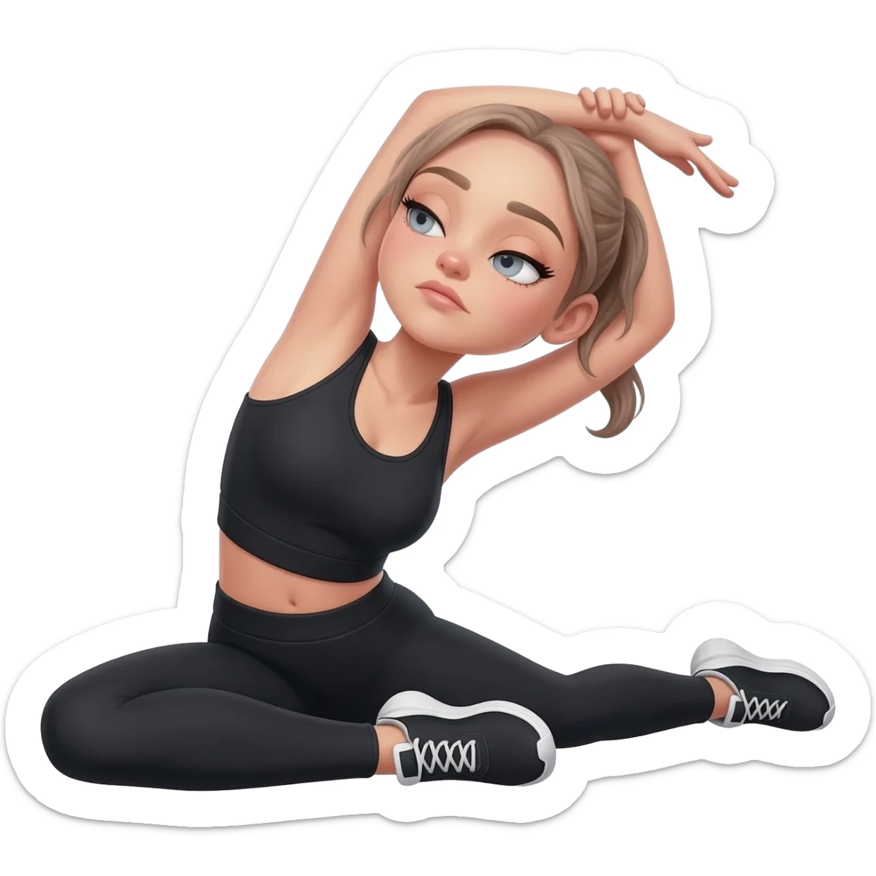 gentle bedtime stretch with sleepy mood, fair-skinned woman, gray-blue eyes, ash brown brows, ash light brown hair tied back, slim athletic body, black workout set, black sneakers with white soles sticker