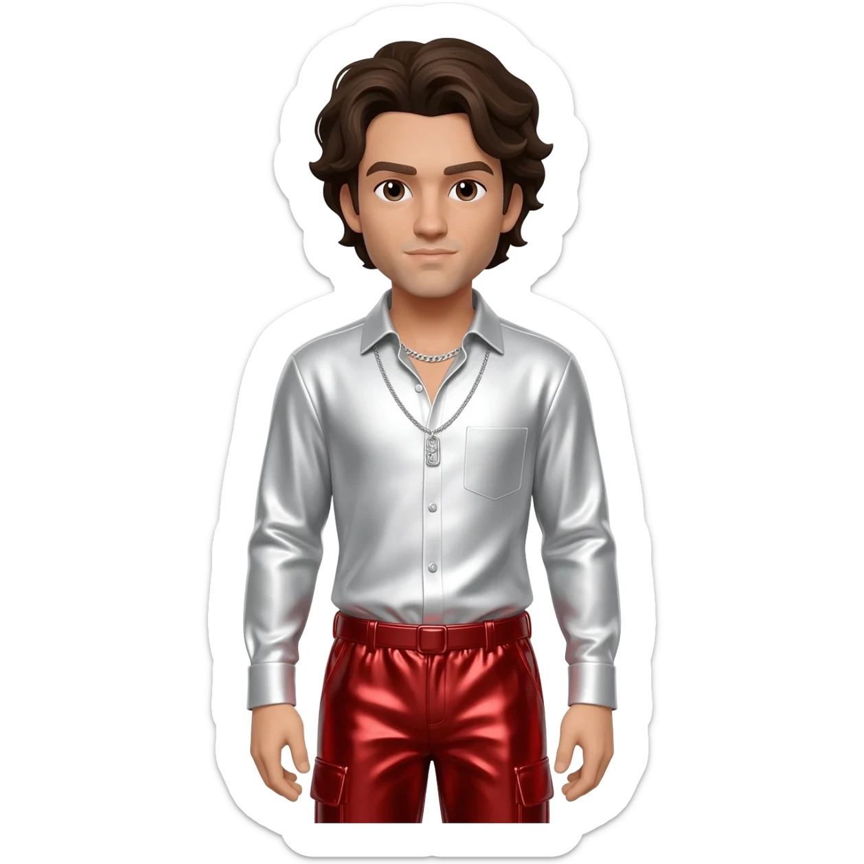 Anwar Jibawi with dark brown hair, white metallic shirt, red metallic baggy pants, silver necklace sticker