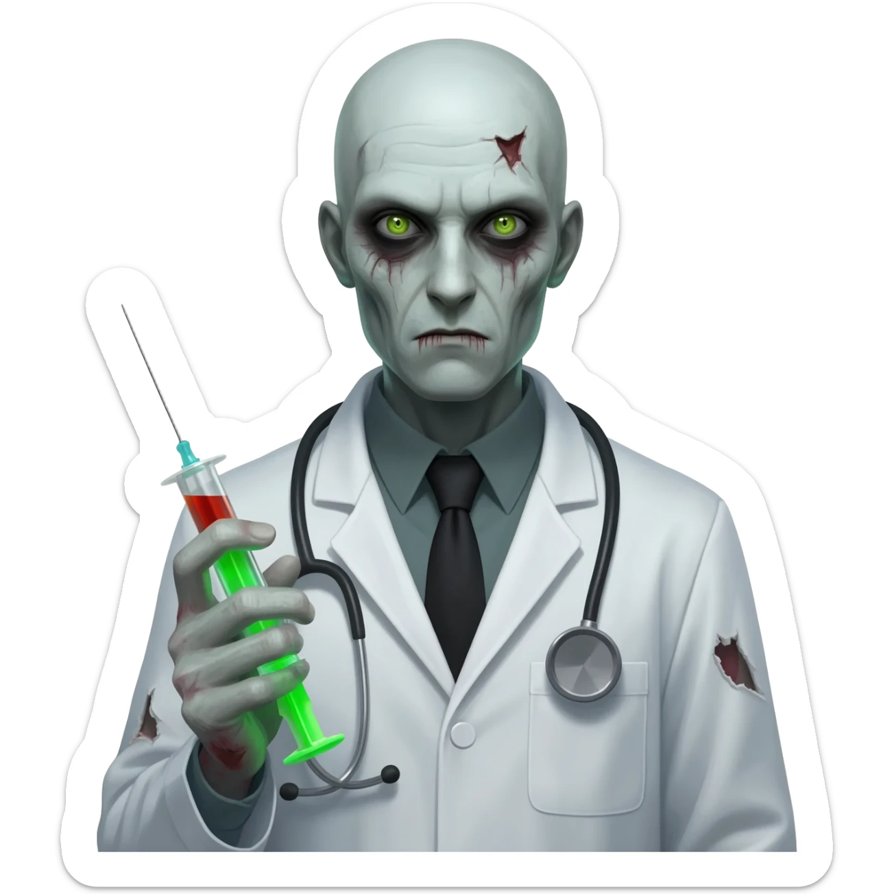 scary doctor with a poisonous needle sticker