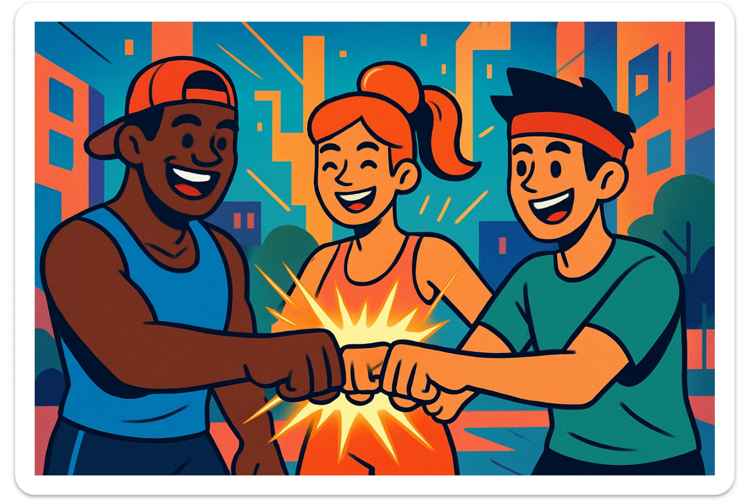 A group of three sporty characters smiling and fist bumping, surrounded by glowing energy, in an urban cartoon style with vibrant colors and a fitness vibe. sticker