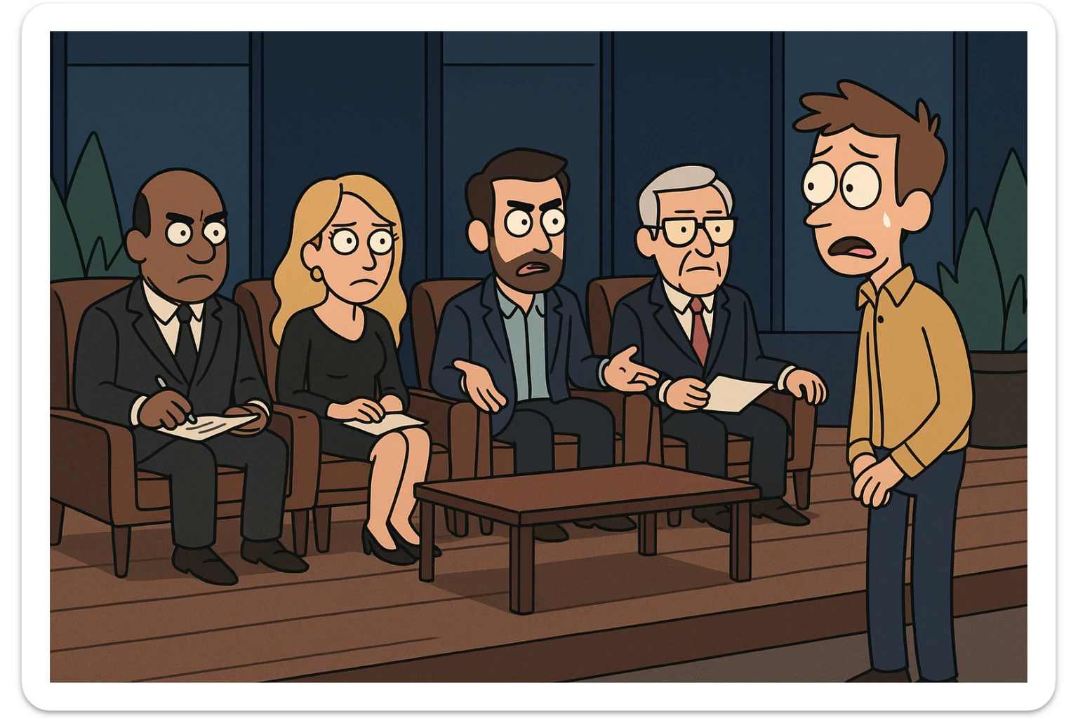 a dramatic scene of investors sitting in chairs evaluating a nervous entrepreneur, inspired by Shark Tank, flat toon style, unique art style sticker
