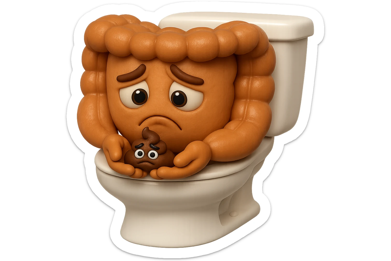 emoji stile iphone di un intestino realistico 3d che esce dal wc con in mano una montagnetta di feci con espressione triste a palline, iperrealistico 4k sticker
