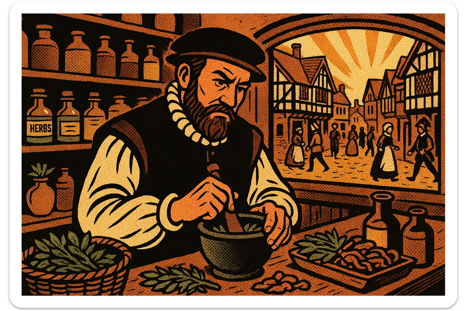 A man working in an apothecary selling a wide range of herbs and medications from the 1600s in a busy town shop from the tudor era. The image should be landscape sticker