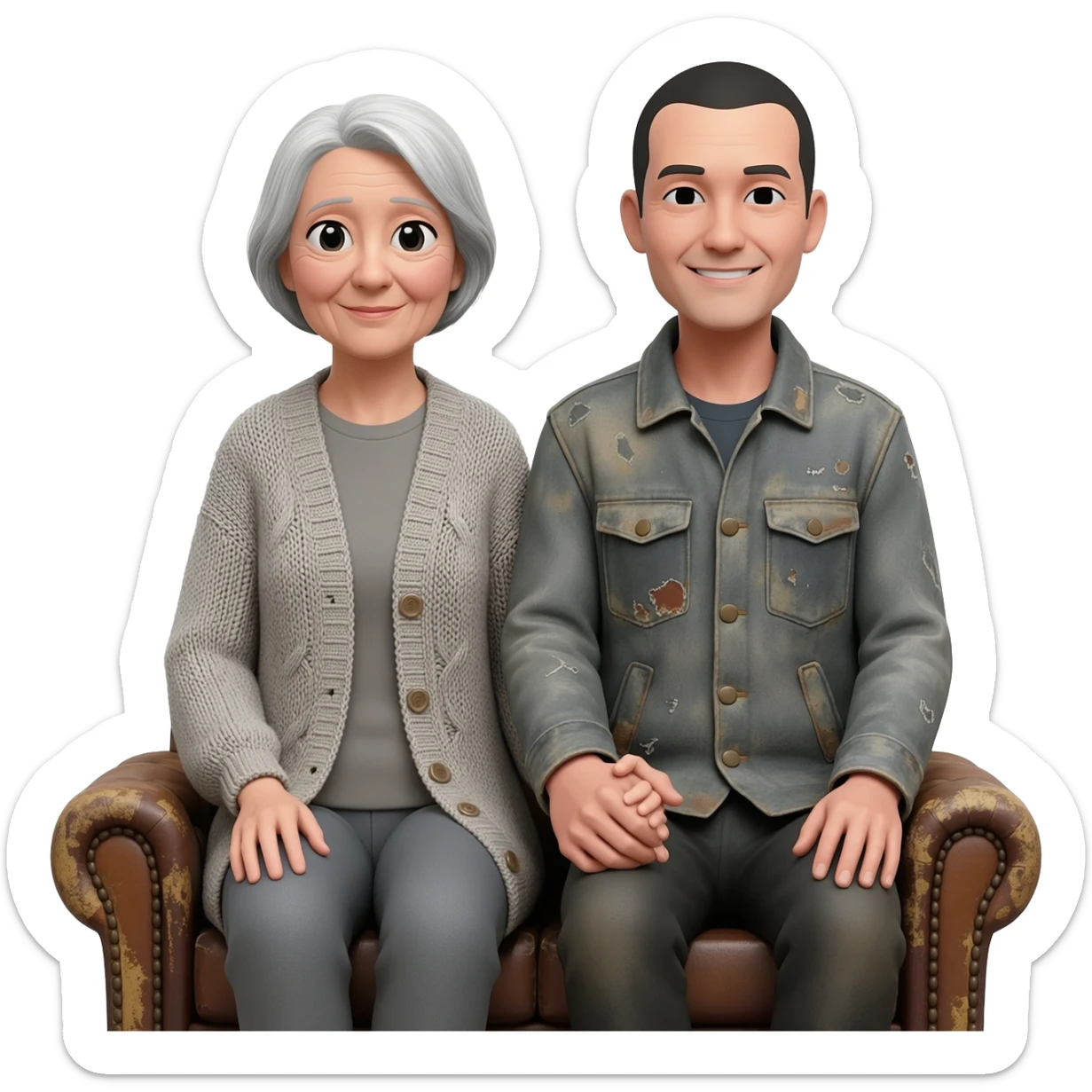 two elderly retired people sitting on a sofa or chair, one is female one rather androgynous sticker
