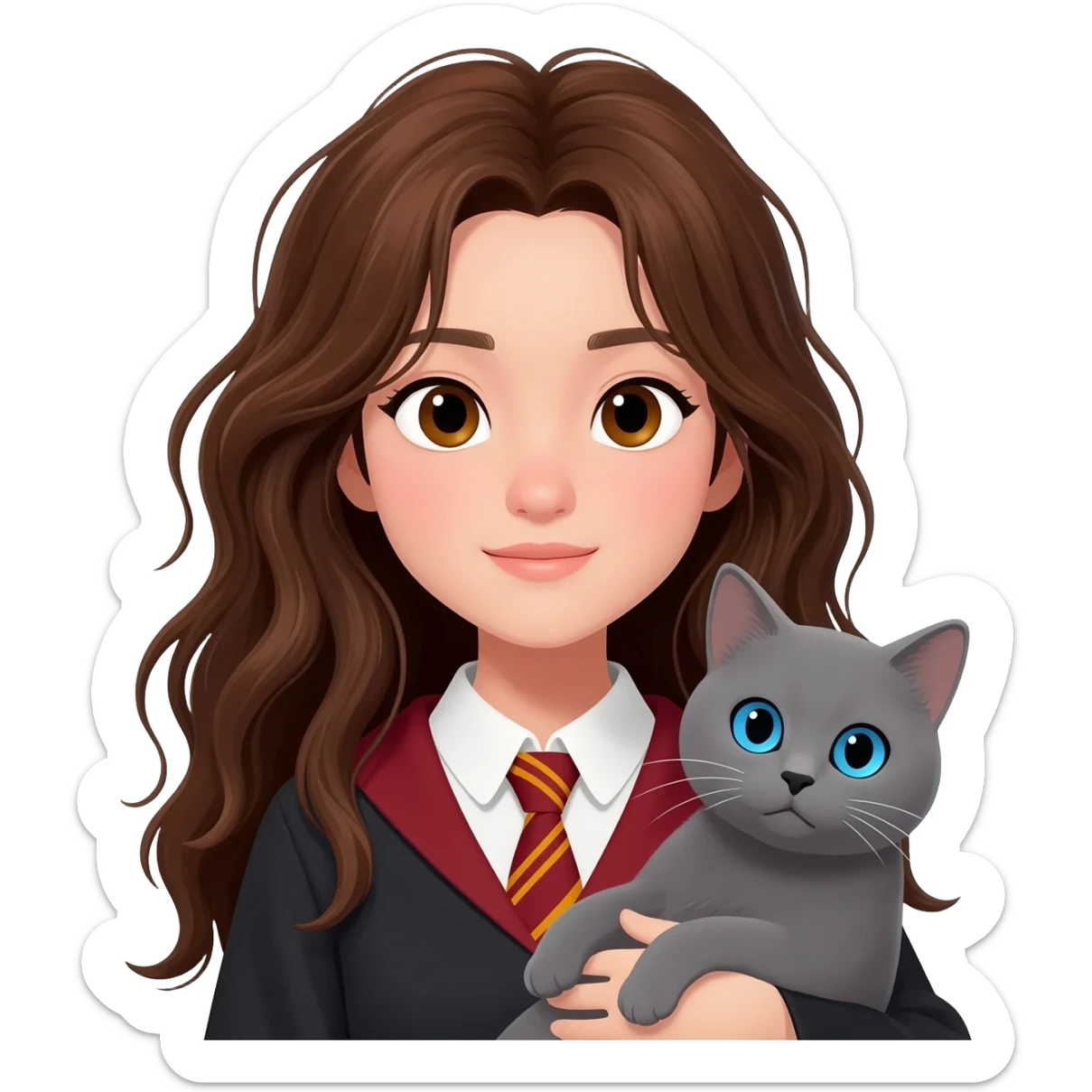asian ravenclaw girl student with long brown messy hair and brown eyes, holding a gray cat with blue eyes sticker