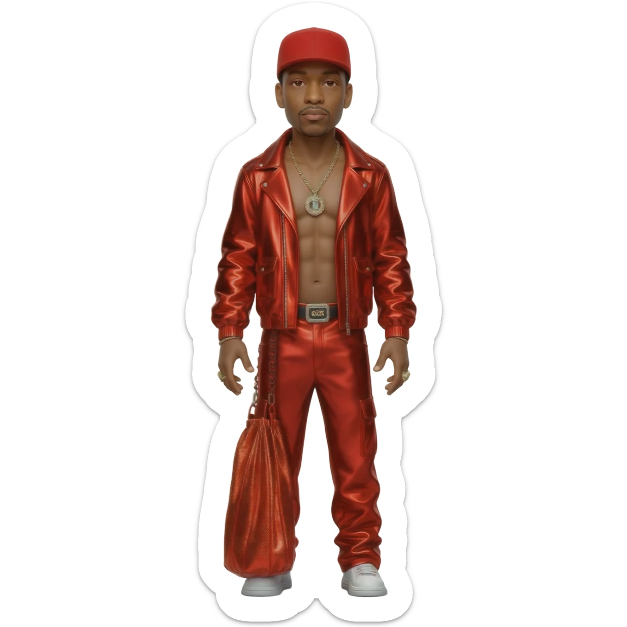 LL Cool J with red hat, red metallic jacket, red metallic baggy pants, shirtless with necklace sticker