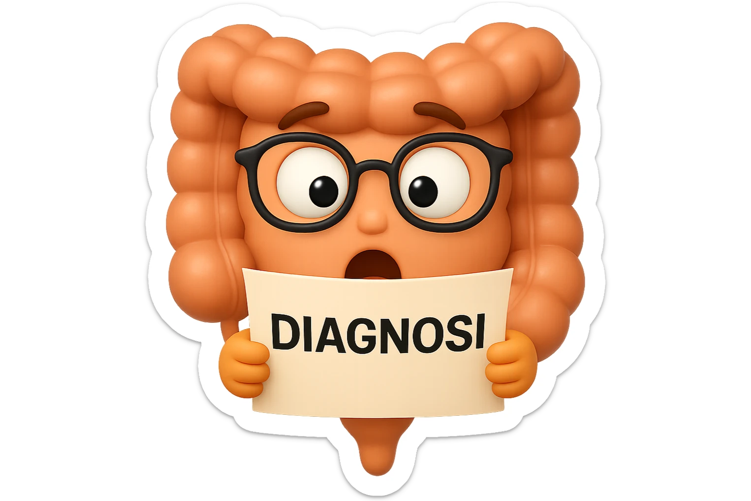 EMOJI STILE IPHONE DI UN INTESTINO CON GLI OCCHIALI CHE LEGGE UN FOGLIO CON LA SCRITTA DIAGNOSI, ESPRESSIONE STUPITA IN VOLTO, IPERREALISTICO 4K sticker