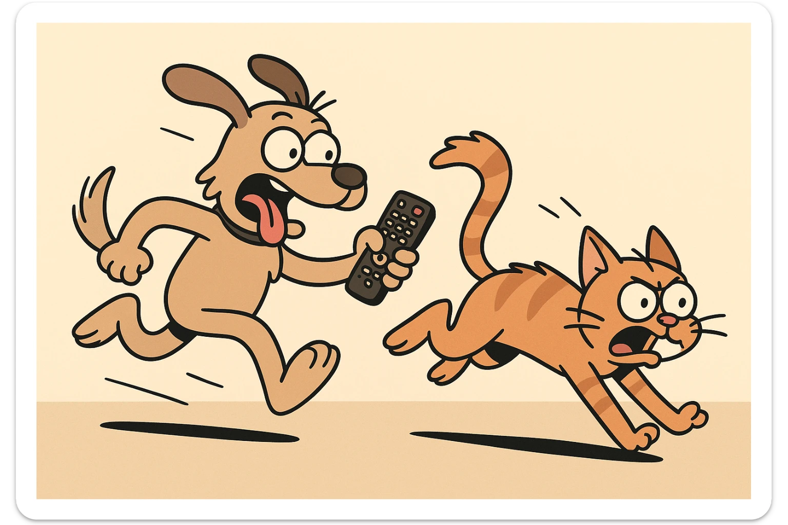 a dog holding a remote, in mid-chase after a cat, dynamic and funny, cartoon style sticker