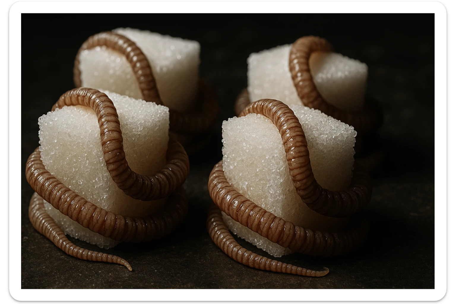 ZOLLETTE DI ZUCCHERO CON PARASSITI TIPO LA TENIA ARROTOLATE INTORNO AD OGNI ZOLLETTA, IPERREALISTICO 4K sticker