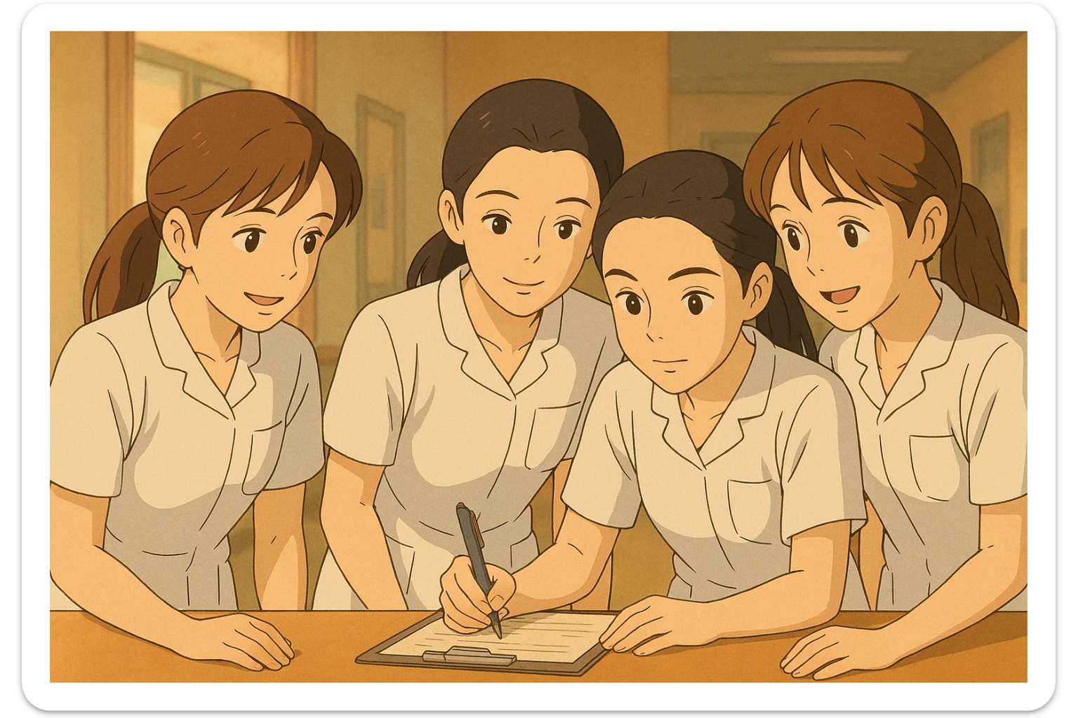 Ghibli illustration of four nursing students in white medical uniforms, short sleeves, V-neck, no collar, no buttons, left chest pocket, bare arms, long hair tied back, collaborating, based on the four reference faces. sticker