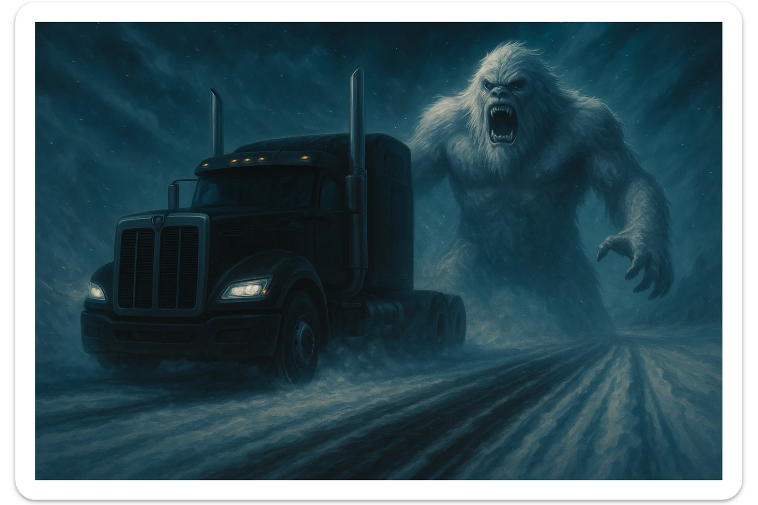 Edit the image to make the semi truck black and place the abominable snowman in front of the semi truck, keeping the same style and scene as the original. sticker