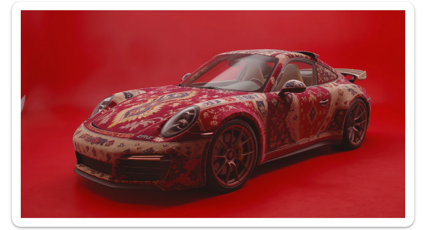 Closeup shot of a porsche 911, body of car made of russian carpet with patterns, red solid studio background,top low key light, dutch angle, haze, captured by ARRI 65 sticker