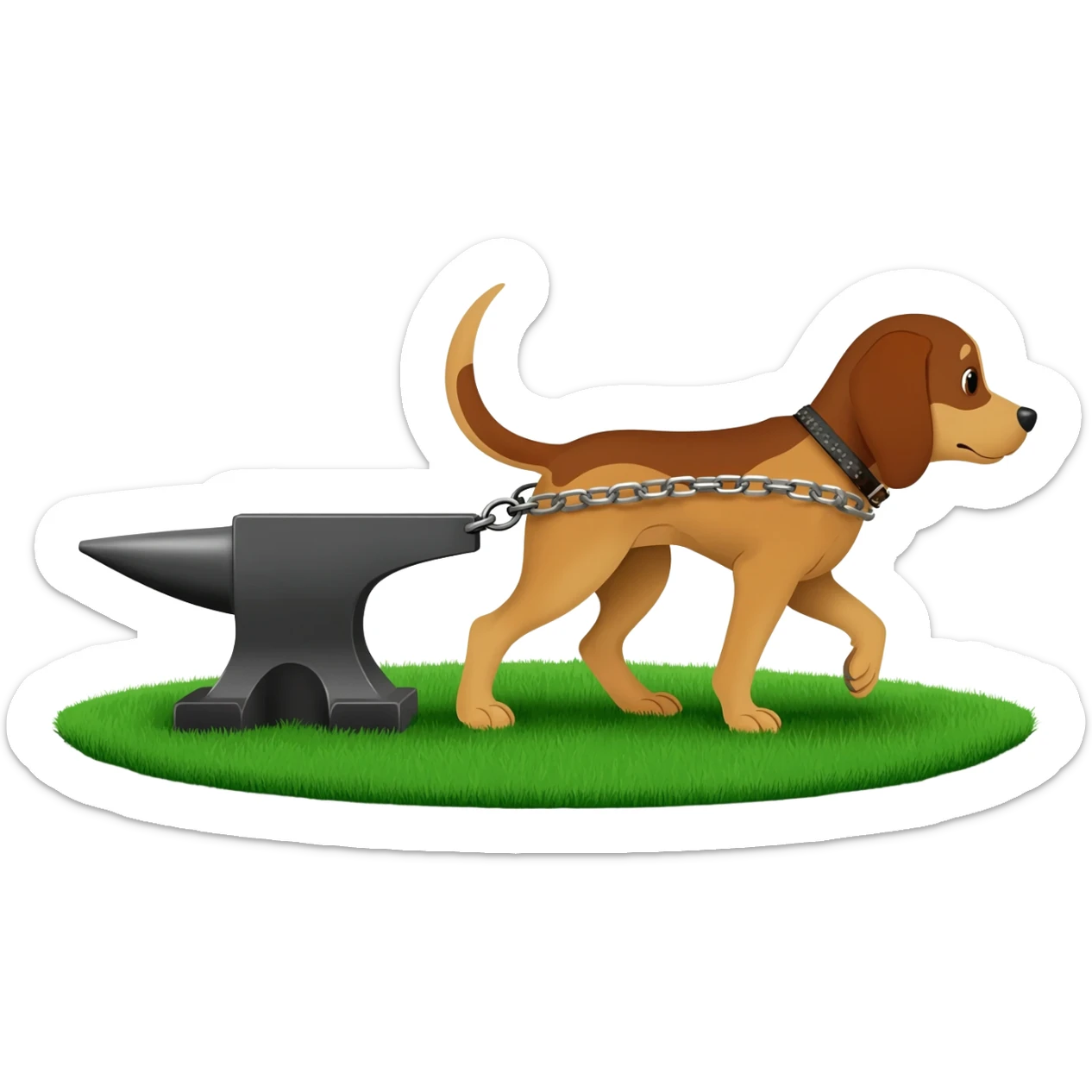 Pack hound pulling an anvil along green grass by leads or chains sticker