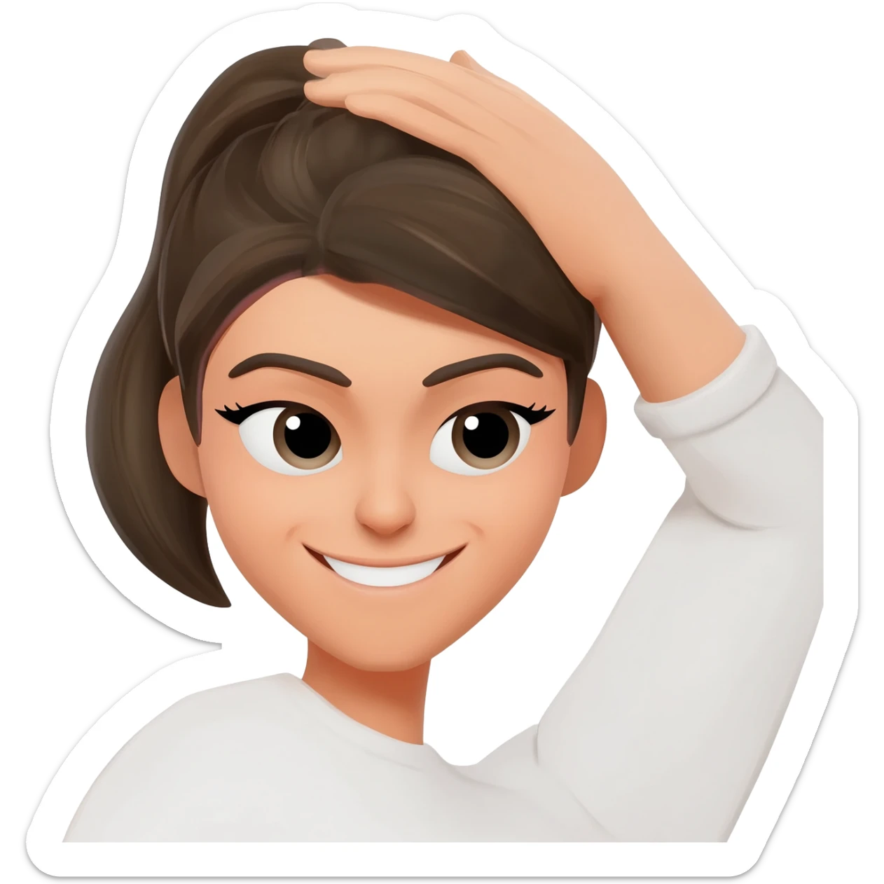 Saçını kulaginin arkasına eliyle sikistiran ve yere bakarak gulumseyen emoji sticker