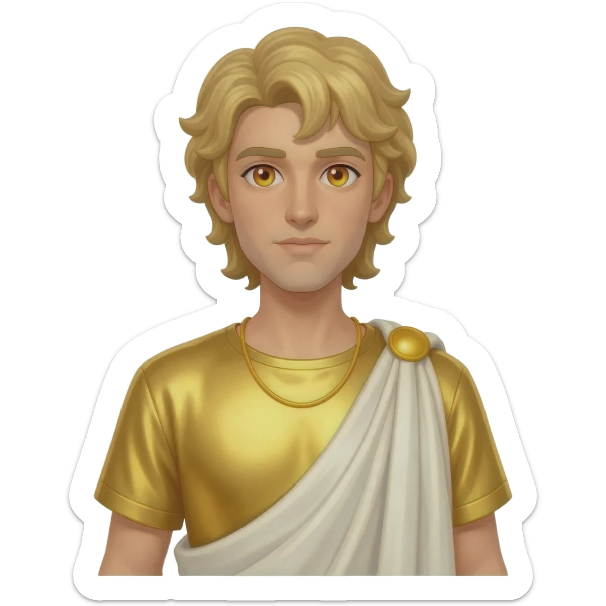 Apollo from Greek Mythology with amber eyes, long blonde hair, gold metallic shirt, ivory metallic baggy pants, yellow necklace sticker