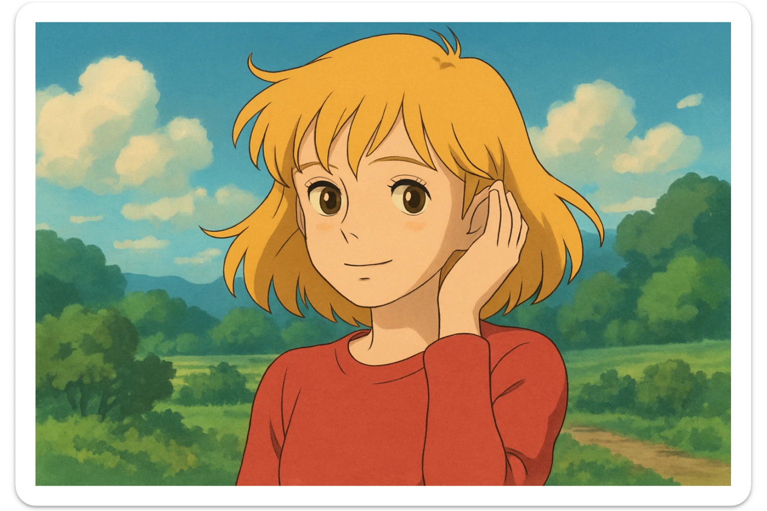 A girl yellow hair brown eyes red Just Cool Women's Long Sleeve Cool T-Shirt touching  to the ear sticker