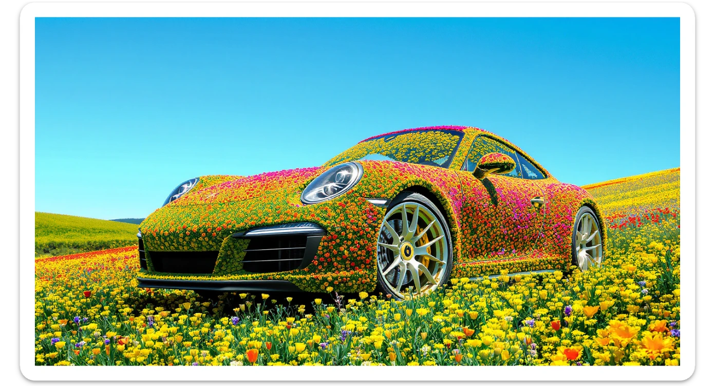 Closeup shot of a porsche 911, body of car made of grass and big colorfull flowers, green hill grass, blue clear sky, dutch angle, captured by ARRI 65 sticker