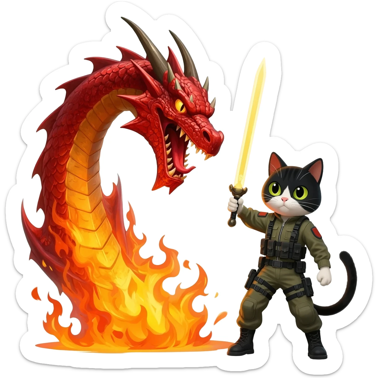 cat wearing  a jumpsuit with a want and a dragon attacking him sticker
