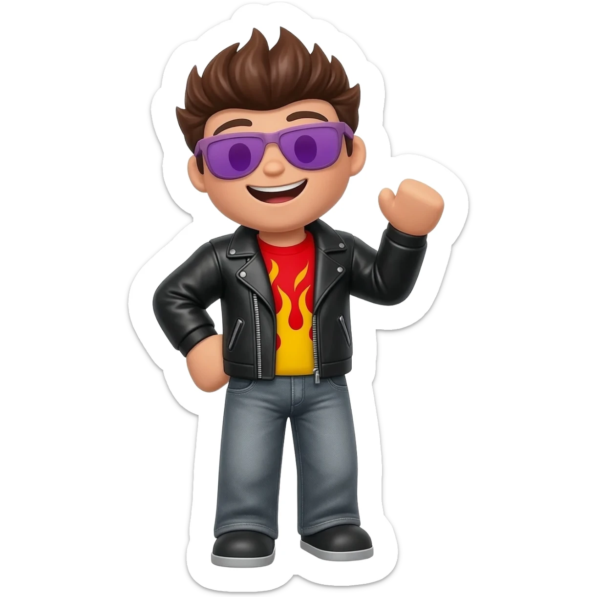 Cool Roblox boy avatar emoji, brown hair, purple sunglasses, smiling face, black leather jacket, red shirt with flame design, gray jeans, confident pose with one hand raised, playful and stylish vibe, 3D cartoon style, bright lighting, cute gaming emoji style sticker