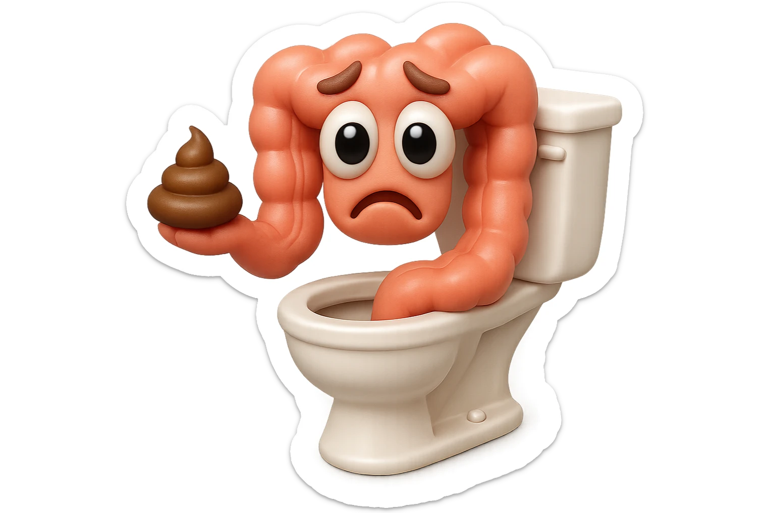 emoji stile iphone di un intestino realistico 3d che esce dal wc con in mano una montagnetta di feci con espressione triste a palline, iperrealistico 4k sticker