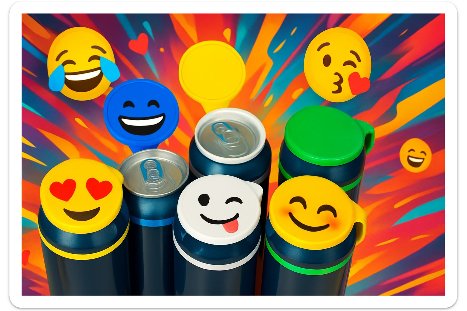 Rakj a kupakokra emoji-kat, smiley-kat, megváltoztathatod a háttereket. valósághű legyen a kép, 1920x1080px méretű legyen. fiatal, dinamikusfotókat készíts! csak a kupak külső részére rakj mintát! sticker