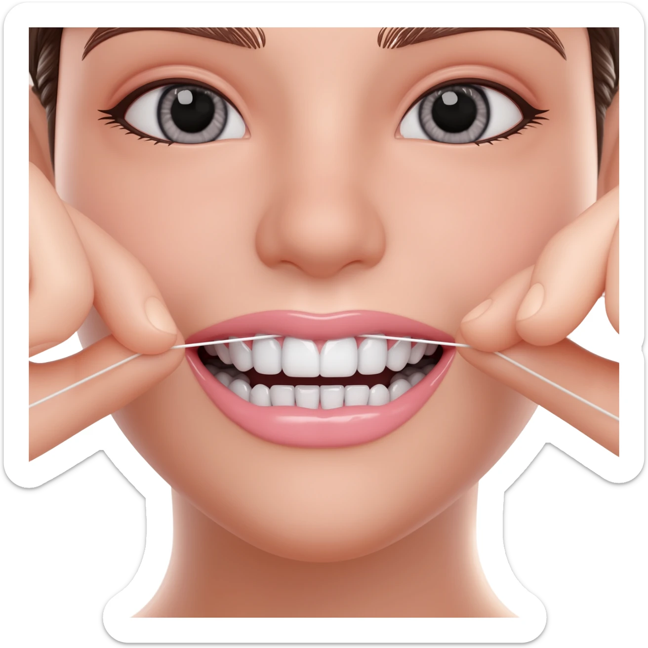 Macro close-up of a woman flossing her front teeth, floss stretched between hands, bright white teeth, natural lighting, shallow depth of field, dental hygiene concept, ultra realistic, sharp focus. sticker