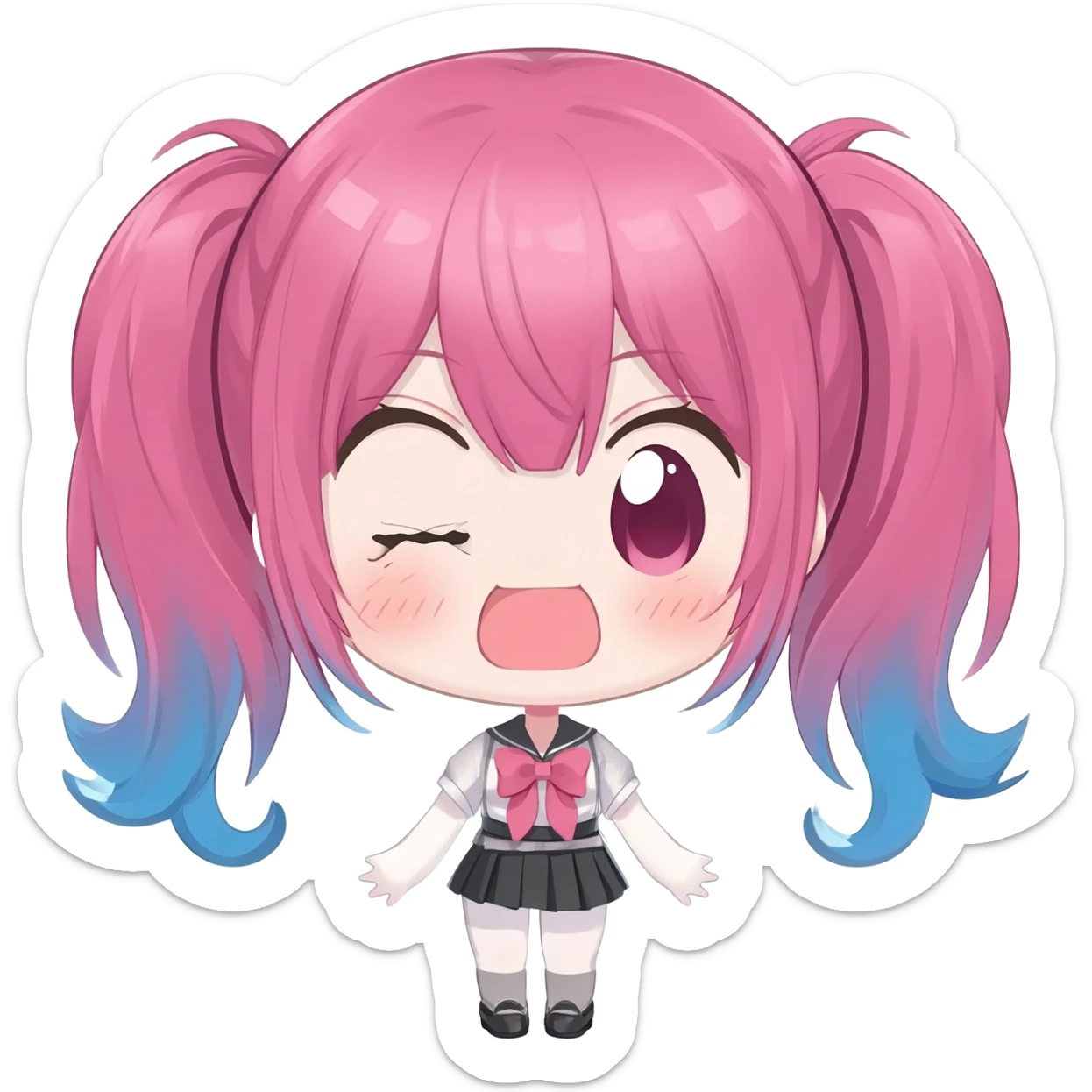 cute anime girl chibi, pink and blue twin tails, lewd expression sticker