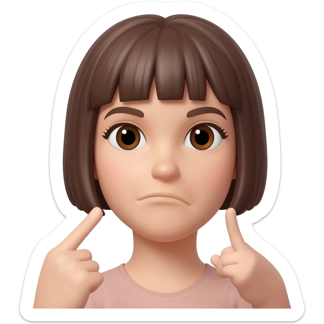 Tête emoji beige fille brune cheveux courts iPhone IOS qui exige de faire ce qu’on dit en pointant du doigt sticker