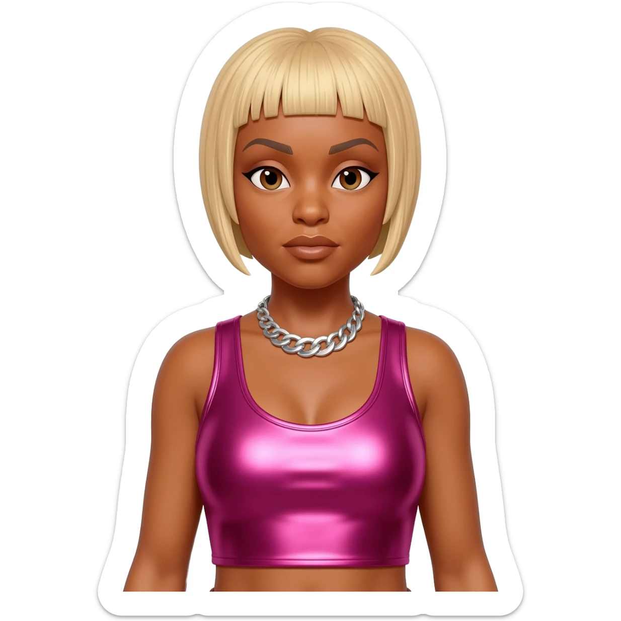 T-Boz from TLC with brown eyes, short blonde hair, fuchsia metallic crop top, silver necklace sticker