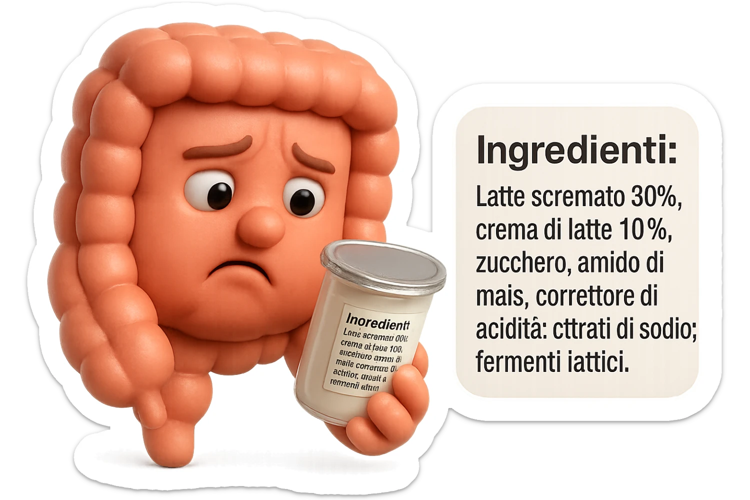 SU QUESTO STILE FAI UN EMOJI STILE IPHONE 3D DI UN INTESTINO CHE HA IN MANO UN BARATTOLO DI YOGURT CONFEZIONATO DA SUPERMERCATO E LEGGE L'ETICHETTA NUTRIZIONALE CON GLI INGREDIENTI IN ITALIANO, ACCANTO ALLO YOGURT CHE HA IN MANO C'è UN FOCUS SULL'ETICHETTA CON GLI INGREDIENTI SCRITTI, FAGLI UN ESPRESSIONE CONFUSA MENTRE LEGGE E FALLO MOLTO REALISTICO IN 3D sticker