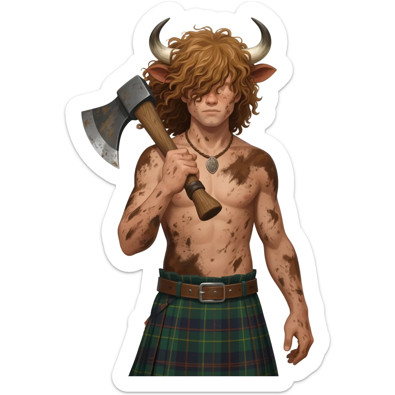 buff curly hairy man covered in dirt with freckles with messy light brown bangs that covers his face completely with bull horns and bull ears and bull tail dressed in kilt holding an axe with wind in his hair with belt around his chest sticker
