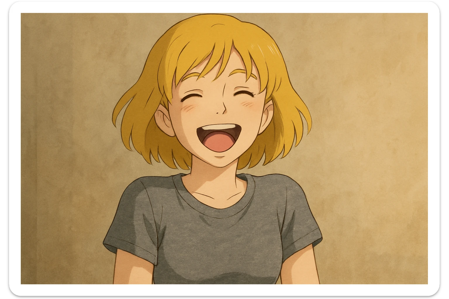 A girl yellow hair brown eyes grey Women's just t's short triblend t-shirt laughing sticker