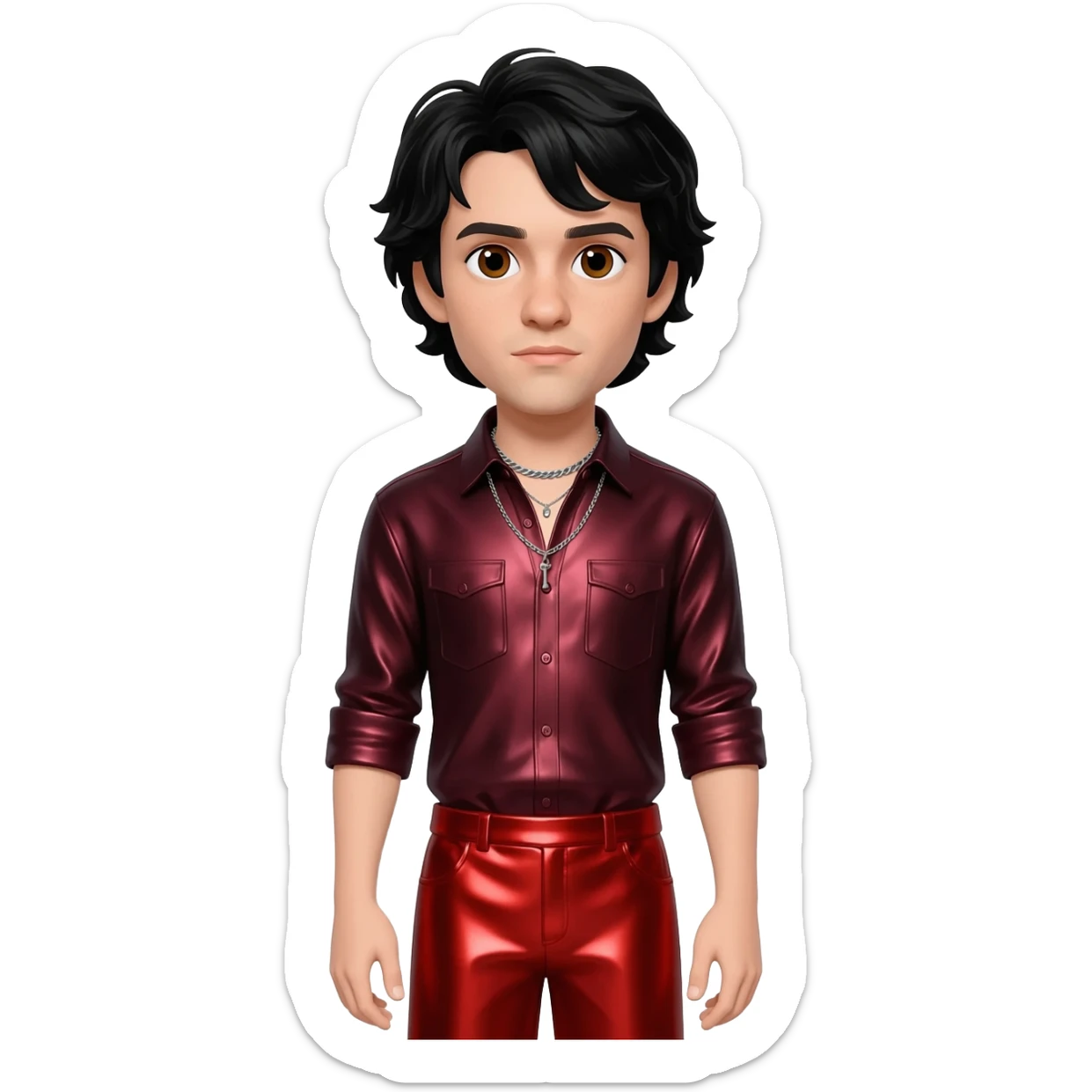 Ezra Miller with brown eyes, black long hair, dark red metallic shirt, red metallic baggy pants, silver necklace sticker