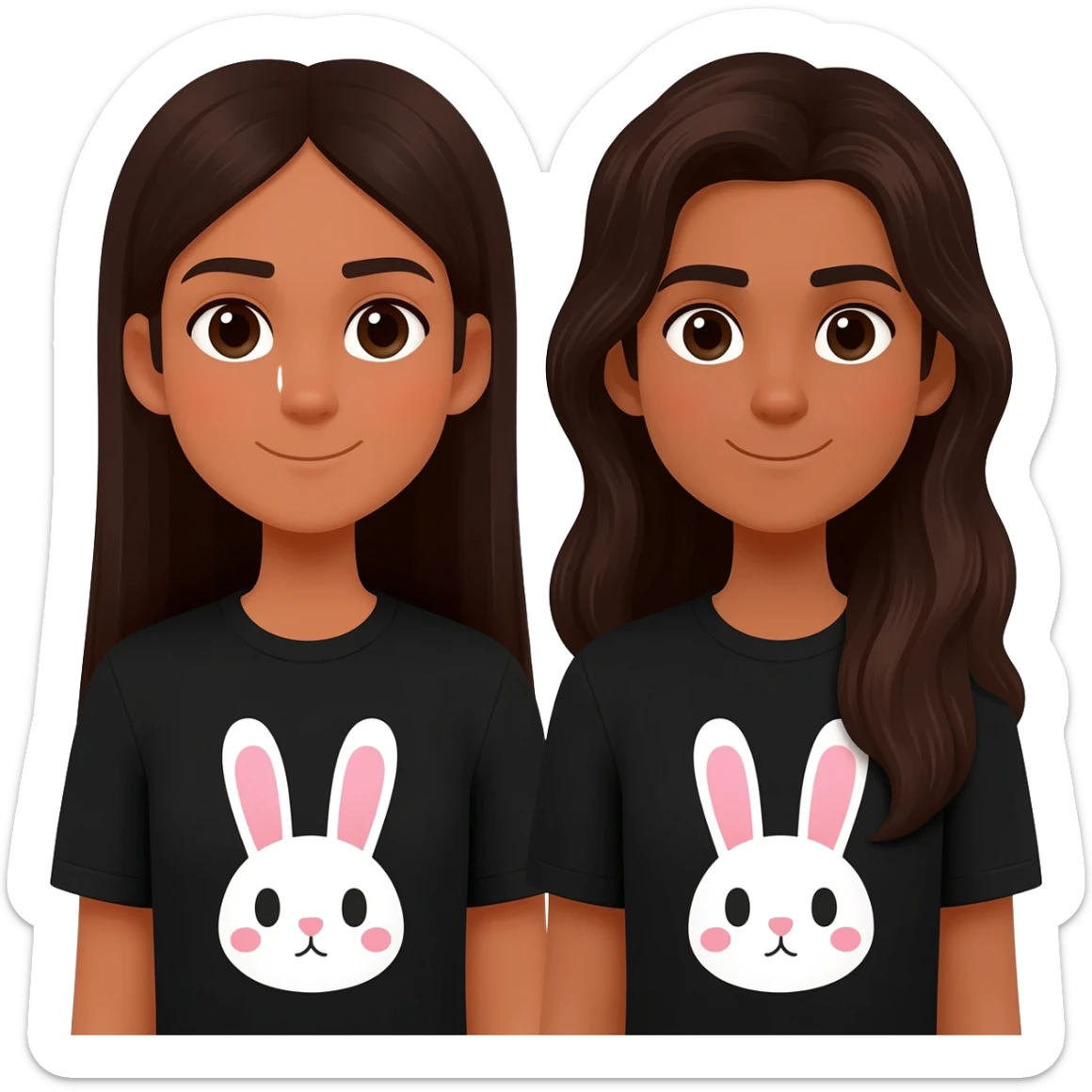 two identical friends with the emoji style. No smile lines, make the bunnies kawaii and the shirt black. Both have matching bunny shirts and have PIN STRAIGHT HAIR One has super long dark brown hair that goes to waist, one has long hair that is also dark brown. They both have Indian skin sticker