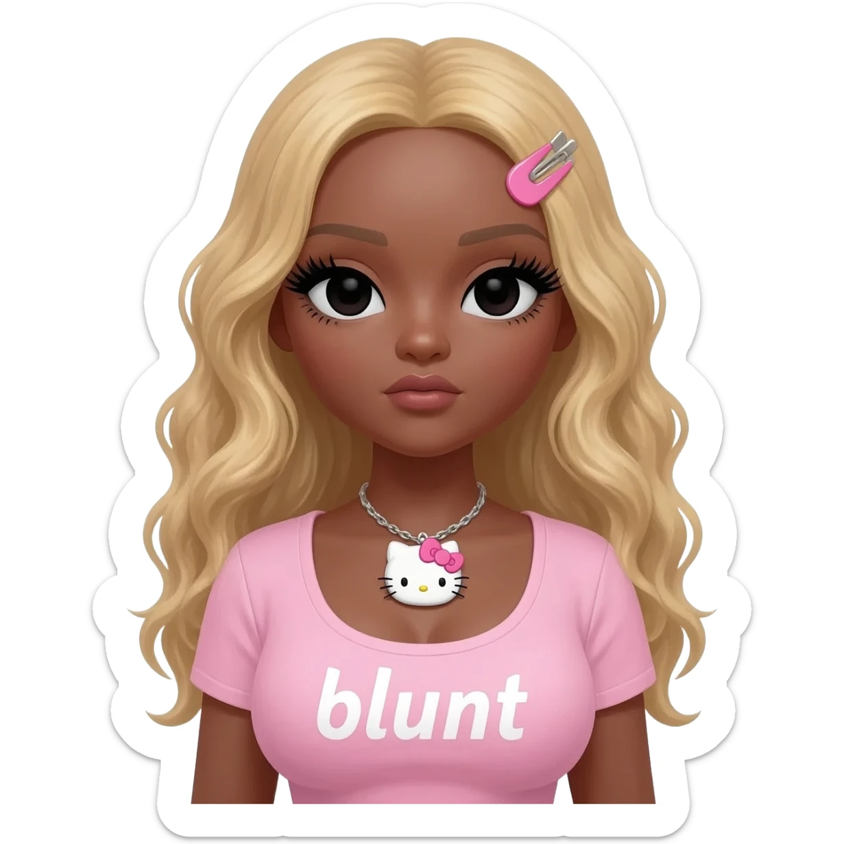 Long giant lashes, my melody hairclip, Doll faced shaped, hello kitty necklace, bimbo, black doll eyes, barbie, dark brown skin with long curly blonde hair, light pink bimbo shirt says "blunt" , big breast sticker