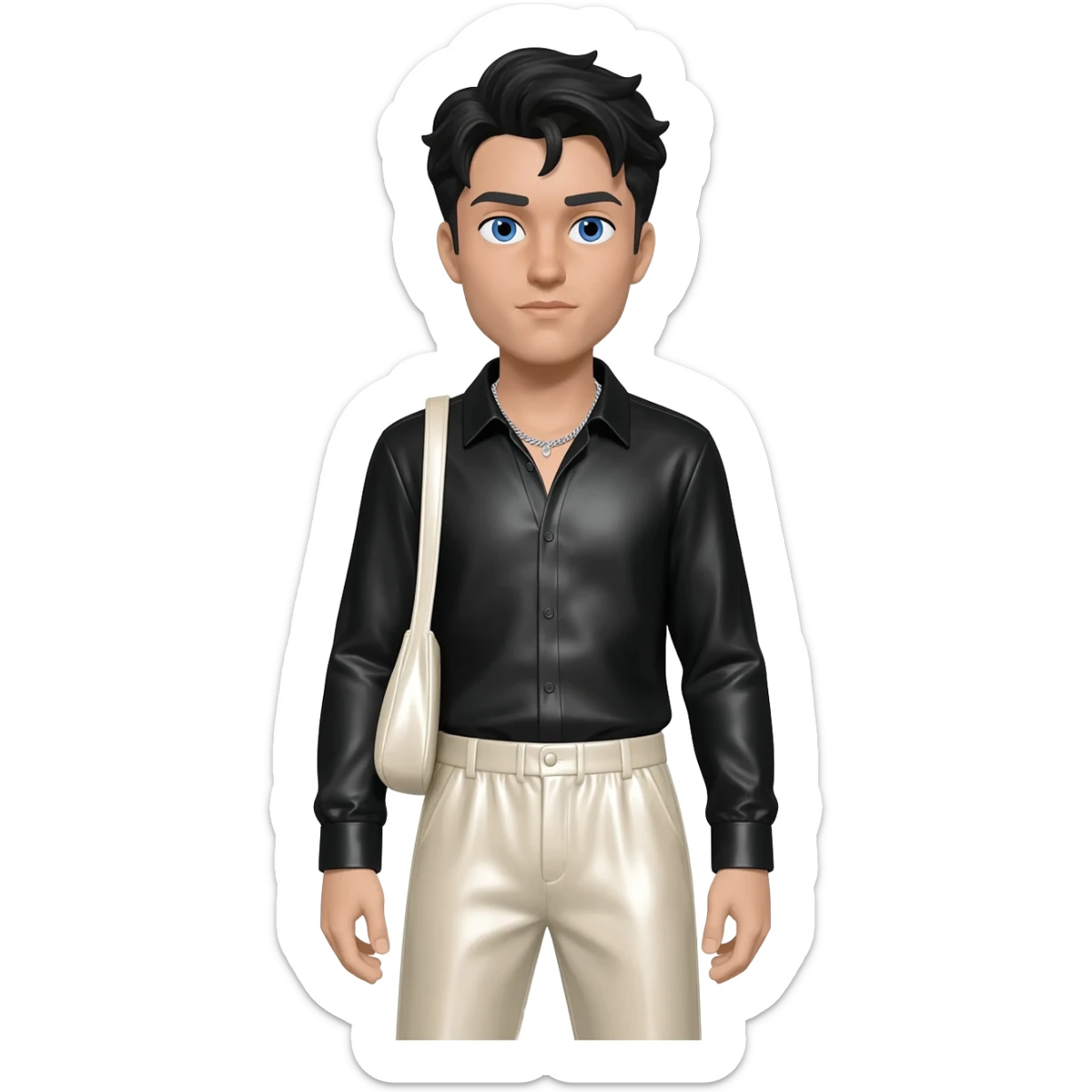 Ehren McGhehey with blue eyes, black hair, black metallic shirt, light ivory metallic baggy pants, silver necklace sticker