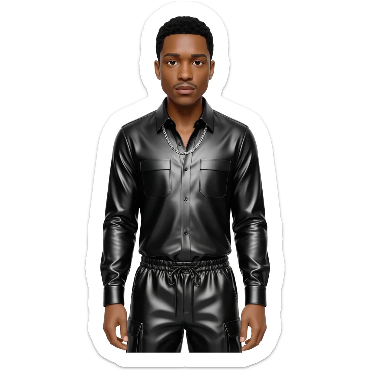 Usher with black hair, black metallic shirt, black metallic baggy pants, silver necklace sticker