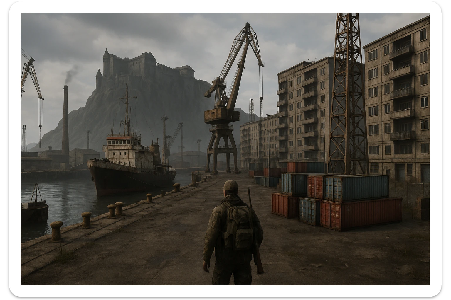 a screenshot of the game DayZ videogame, the city of "solitude" as seen in skyrim, modern evolution, industrial harbor at apartment blocks sticker
