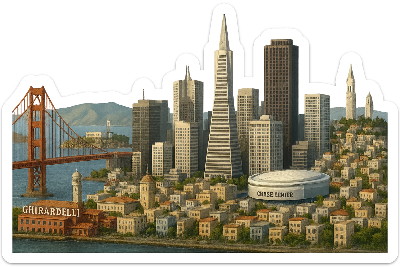 cinematic realistic emoji of San Francisco, panoramic city view with Golden Gate Bridge, Transamerica Pyramid, Chase Center, The Embarcadero, Ghirardelli Square, Alcatraz Island, Bay Bridge, Coit Tower, UC Berkeley belltower and Stanford Hoover Tower in the far background. Lifelike detail, accurate colors, bright daytime, no sky, no clouds, no labels, transparent background sticker