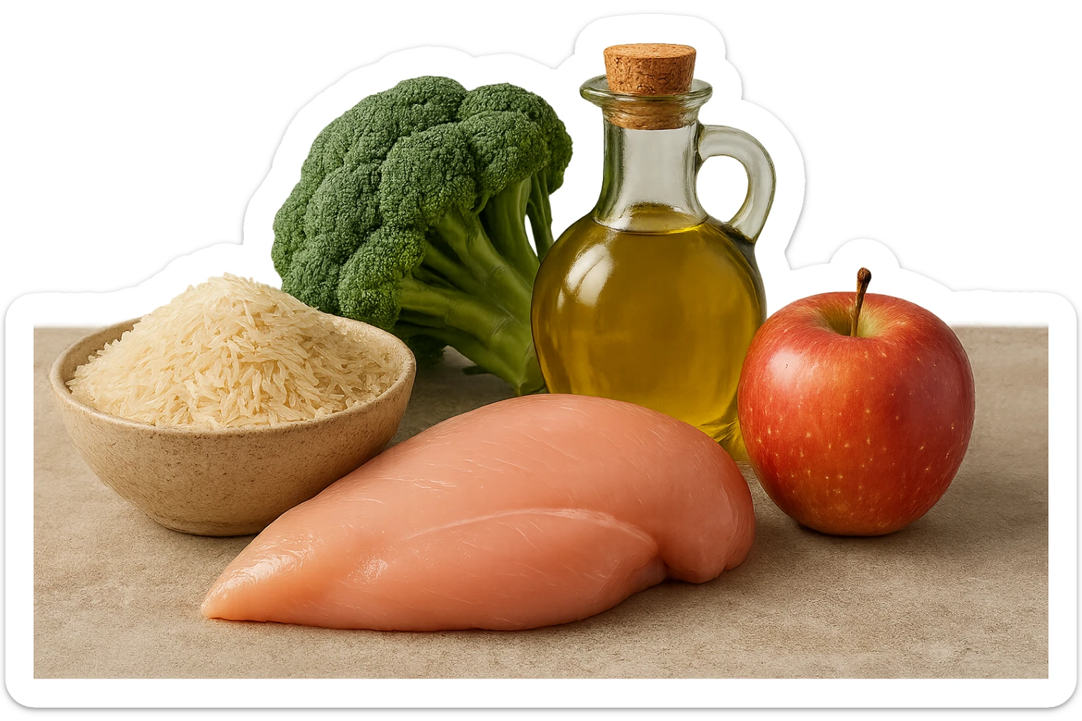 Riso basmati
Petto di pollo
Verdura fibrosa verde
Olio EVO
Mela
poggiati sul tavolo sticker