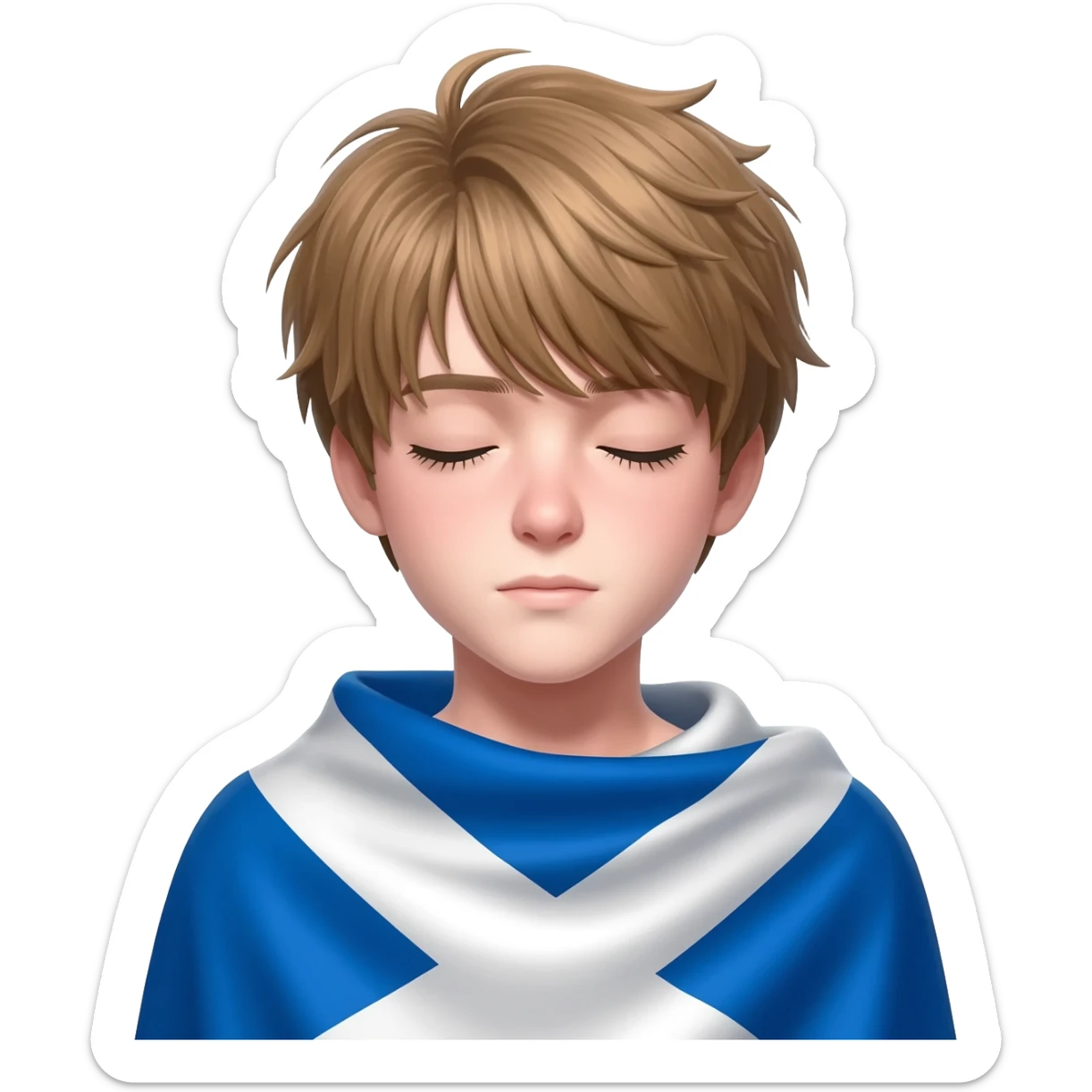 femboy with messy light brown bangs covering the eyes with scottish flag on his shoulders sticker