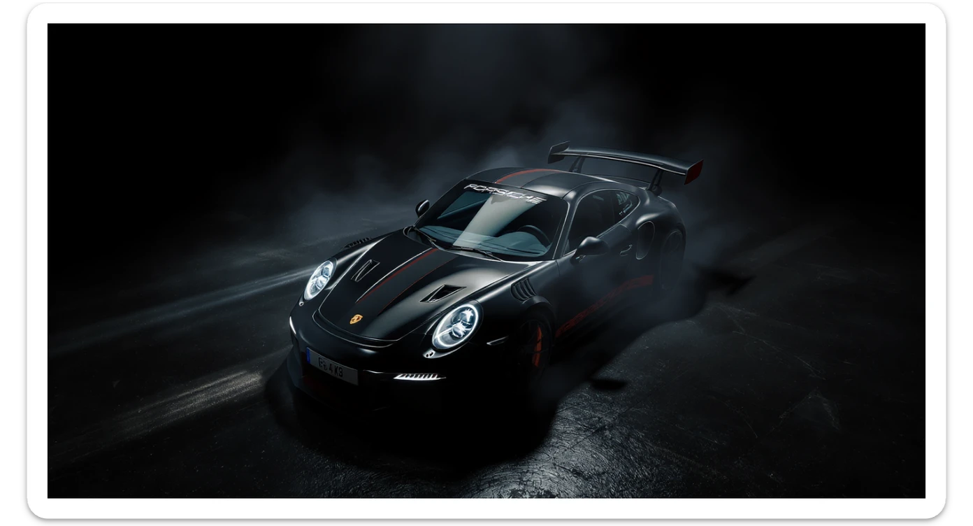 Cinematic shot of a porsche 911 gt3 rs, top dutch angle, black voide around, top spotlight, captured on arri alexa sticker