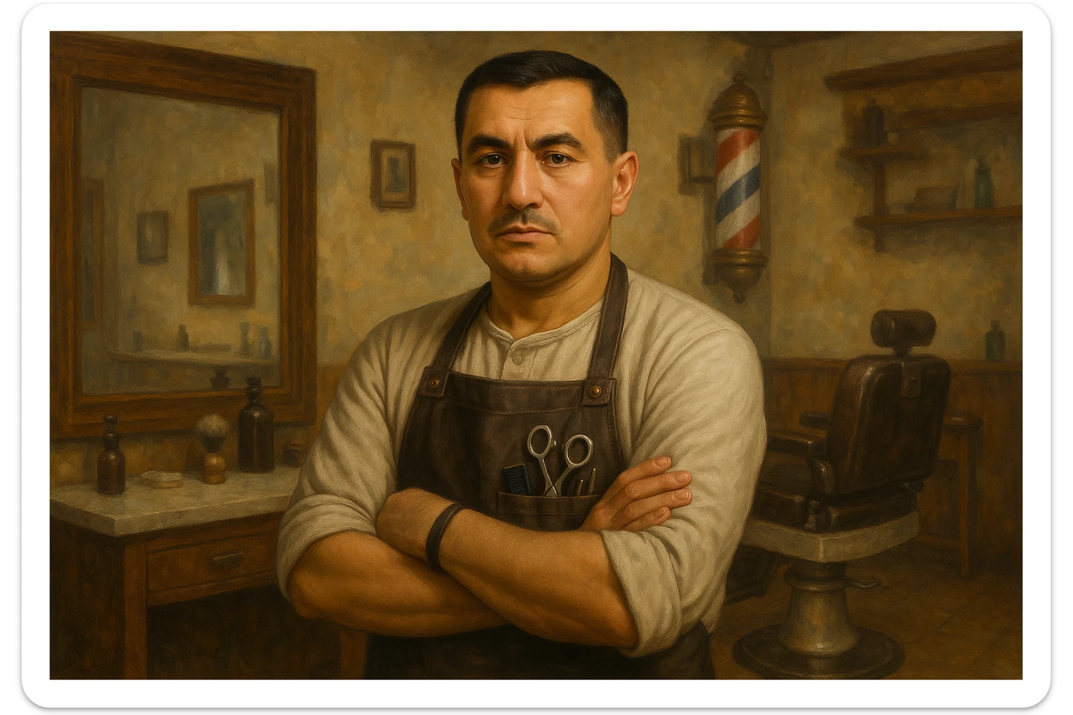 huddi shu odamni qariroq va soqolsiz tasvirlab ber o'zgartirib realistik qilib orqa fon sartaroshxona belidan sal pastroqqacha uzbek sartaroshi juda ham qari emas lekin yosh ham emas sticker