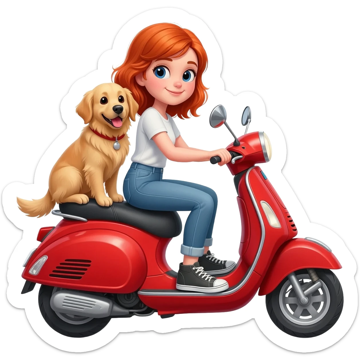 Red hair girl on red scooter with golden retriever on back sticker